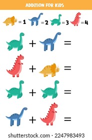 Addition game with different dinosaurs. Educational math game for kids.