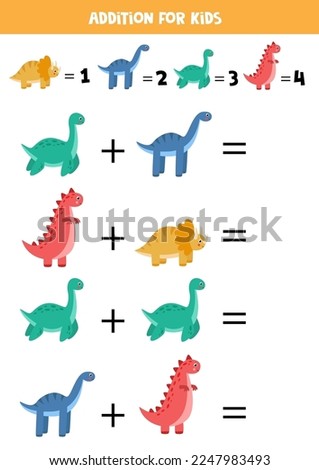 Addition game with different dinosaurs. Educational math game for kids.