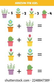 Addition game with different flower pots. Educational math game for kids.