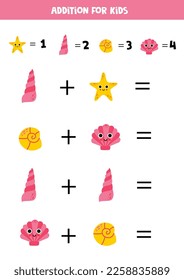 Juego de adición con diferentes conchas marinas y estrella marina. Juego educativo de matemáticas para niños.
