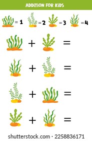 Addition game with different sea weeds. Educational math game for kids.