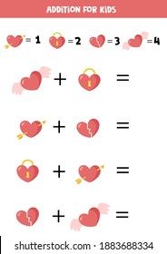 Addition game with different valentine hearts. Math worksheet for kids.