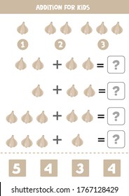 Addition with garlic. Math game for kids. Educational worksheet for children. Solve equations. Printable sheet for preschoolers.