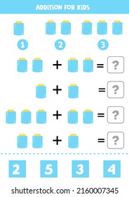 Addition with glass jar. Educational math game for kids. 