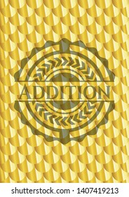 Addition golden badge. Scales pattern. Vector Illustration. Detailed.