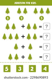 Addition with green fir tree. Educational math game for kids. 