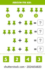 Addition with green pushpin. Educational math game for kids. 