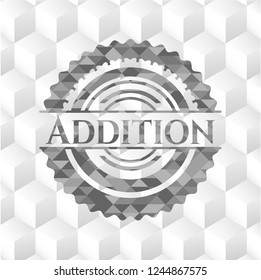 Addition grey badge with geometric cube white background