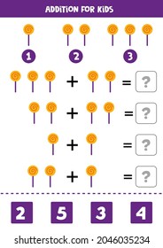 Addition with Halloween candy. Educational math game for kids. 