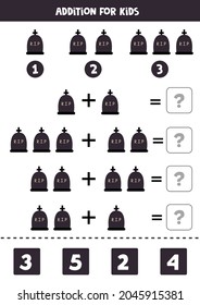 Addition with Halloween R.I.P headstone. Educational math game for kids. 