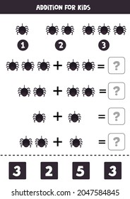 Addition with Halloween spider. Educational math game for kids. 