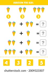 Addition with ice cream cone. Educational math game for kids. 