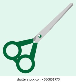 Addition isolated scissors with green handle on a light background, flat style vector illustration