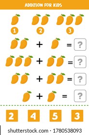 Addition for kids with cartoon mango. Educational math game for kids. Basic algebra. Printable worksheet for learning to count. Solve the equations and write down the answer.
