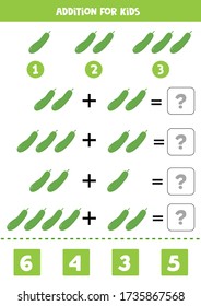 Addition for kids with cartoon vector cucumber. Solve the equations. Math game for kids. Educational worksheet for school and preschool children.