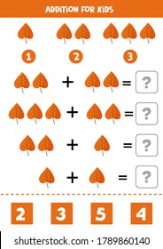 Addition for kids with cute autumn leaves. Math game for preschoolers. Learning to count and to add. Printable worksheet for kids.