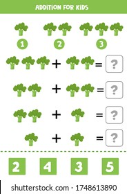 Addition for kids. Cute cartoon broccolis. Solve the equations. Math game for preschool children. Educational worksheet for kids.
