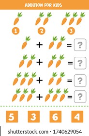 Addition for kids. Cute cartoon carrot. Solve the equations. Math game for preschool children. Educational worksheet for kids.