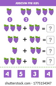 Addition for kids with cute cartoon grape. Math game for kids. Solve the equations. Activity page for children. Printable worksheet.