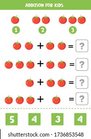 Addition for kids with cute cartoon red tomatoes. Educational math worksheet for kids. Printable material.