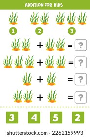 Addition for kids with cute cartoon seaweed.