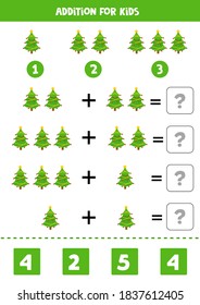 Addition for kids with cute Christmas trees. Educational math game for kids. 