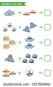 Addition for kids with cute summer hats. Math game for preschoolers. Solve the equations. Worksheet for preschoolers. Vector illustration.