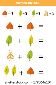 Addition for kids with different autumn leaves. Educational math game for kids. Solve the equations. 