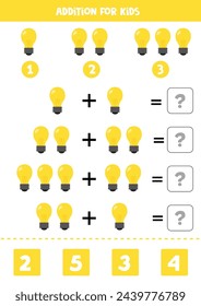 Addition for kids with different cute cartoon yellow bulb.