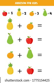  Addition for kids with different fruits. Math game for children. Solve the equation. Vector illustration of apple, pineapple, orange, pear. 