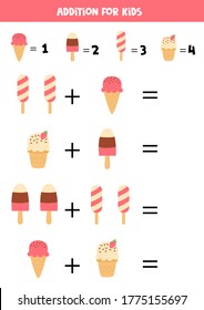 Addition for kids with different ice creams. Educational math game for children. Solve the equations. Set of sweet summer ice creams and ice cones.