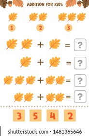 Addition For Kids. Mathematical Game. Counting Game. Autumn Worksheet. Count The Leaves.