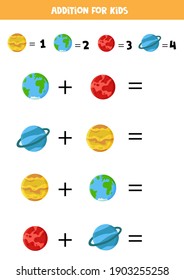 Addition for kids with planets of solar system. Funny worksheet for preschoolers.