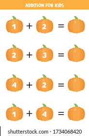 Addition For Kids. Solve The Equation. Cute Cartoon Pumpkin. Easy Math Tasks For Kids. Educational Game For Children. 