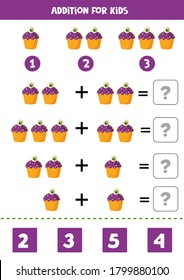 Addition for kids with spooky Halloween cupcake. Educational math game for kids. Solve equations. Printable worksheet.