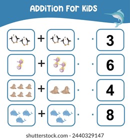 Addition for kids worksheet. Kids educational game. Let’s count together. Printable educational worksheet activity. Exercise for children to recognize the number. Vector file.
