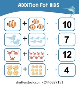 Addition for kids worksheet. Kids educational game. Let’s count together. Printable educational worksheet activity. Exercise for children to recognize the number. Vector file.