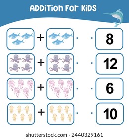 Addition for kids worksheet. Kids educational game. Let’s count together. Printable educational worksheet activity. Exercise for children to recognize the number. Vector file.