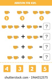 Addition with kitchen teacup. Educational math game for kids. 