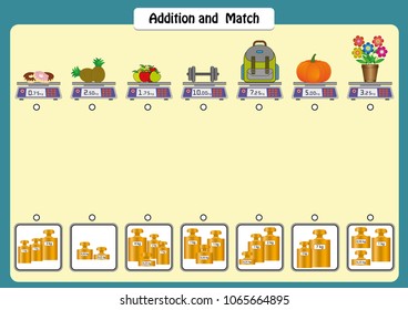 addition and match the weights of objects, math worksheets for students, scales and weights