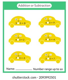 Addition or Subtraction? Math worksheet for kids. Cartoon style. 