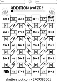 Addition maze puzzle game worksheet for child