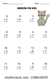 Addition page with hand drawn cat. Educational math game for kids. 