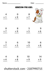 Addition page with hand drawn dog. Educational math game for kids. 
