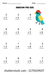 Addition page with hand drawn pirate parrot. Educational math game for kids. 