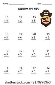 Addition page with hand drawn pirate. Educational math game for kids. 