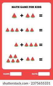 Addition page for kids. Educational math game for children with watermelon. Printable worksheet design. Learning mathematic.