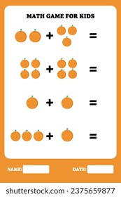 Addition page for kids. Educational math game for children with orange. Printable worksheet design. Learning mathematic.