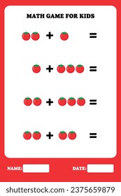 Página de adición para niños. Juego educativo de matemáticas para niños con tomate. Diseño de hoja de cálculo imprimible. Aprender matemático.