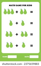 Página de adición para niños. Juego educativo de matemáticas para niños con pera. Diseño de hoja de cálculo imprimible. Aprender matemático.
